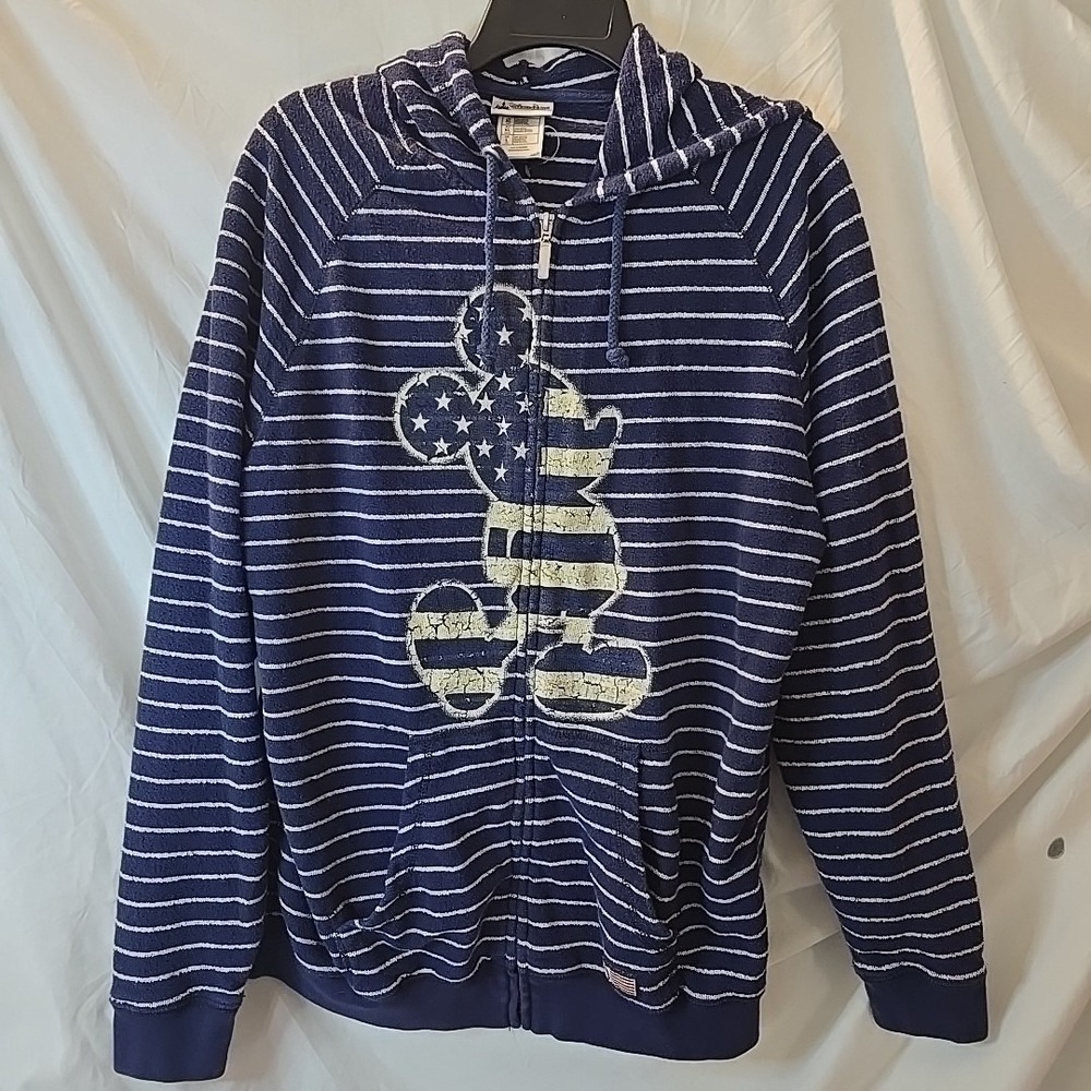 Mickey‎ Mouse Disney Parks Full Zip Hoodie Terry Cloth Flag Blue White Stripe L